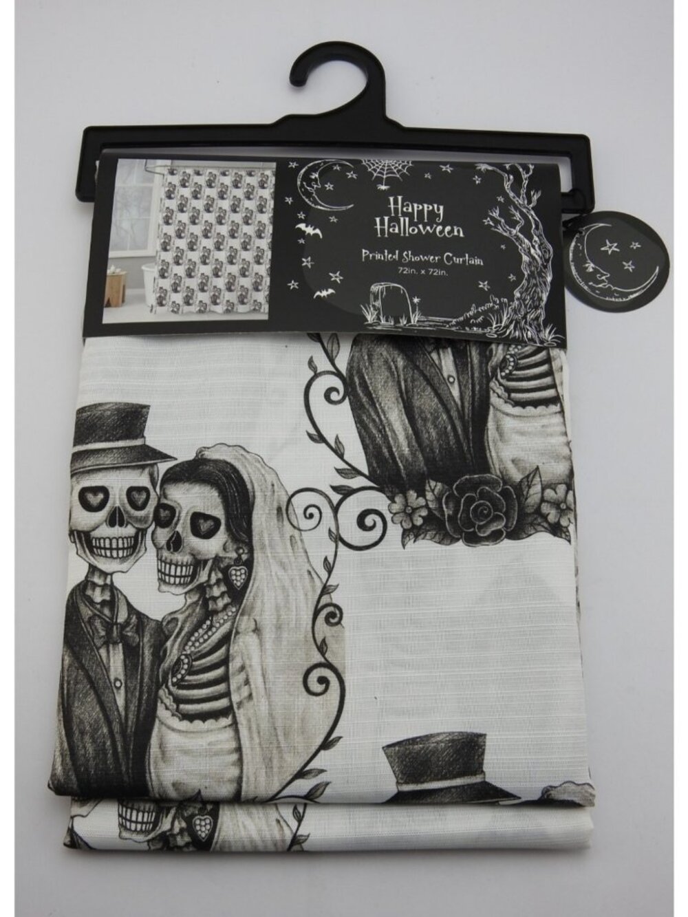 Halloween Skeleton Bride Groom Shower Curtain 72x72 Gothic Wedding NWT Black